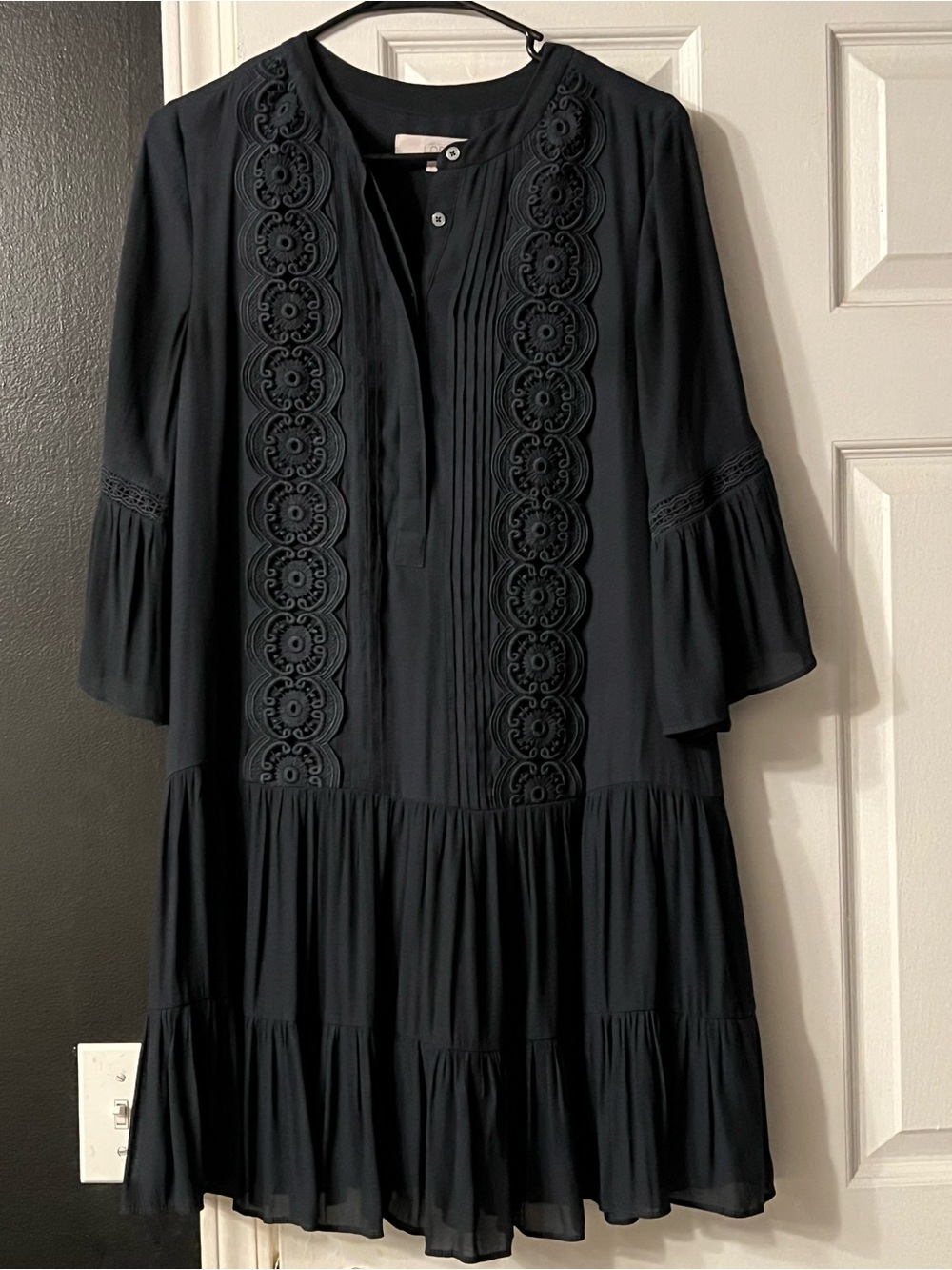 LOFT navy Embroidered Tiered Long-Sleeve Dress